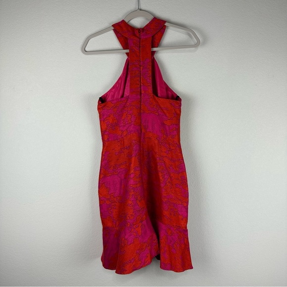 Hutch Hot Pink Orange Floral High Neck Peplum Hem Dress Size 4 - Picture 2 of 5